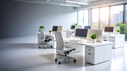 Fototapeta premium A clean and brightly lit modern office space featuring white desks, ergonomic chairs, desktop computers, and small potted plants, arranged in an open plan layout with large windows.