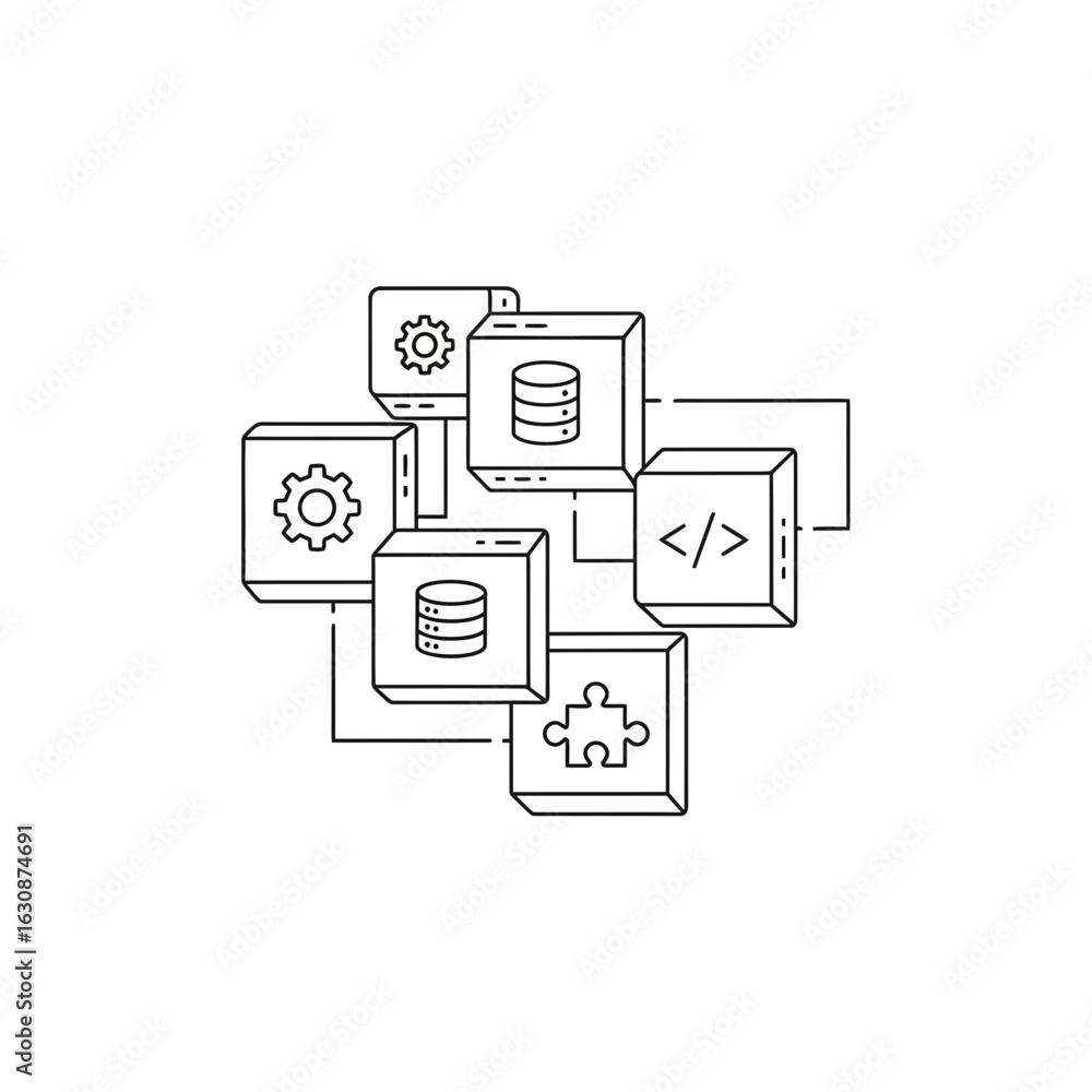 Poster modern software development concept with interconnected data, coding, and settings icons, ideal for 