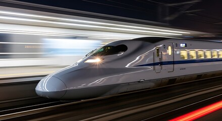 High-Speed Train in Motion: Capturing the essence of modern travel, a sleek, high-speed train races through the futuristic landscape. Showcasing cutting-edge engineering and efficient transit.