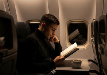 Man Reads A Book Comfortably In An Airplane Cabin During A Night Flight, Illuminated By A Personal Light, Representing Solo Travel And In-Flight Relaxation, Air Travel, Quiet Journey, Solo Traveler