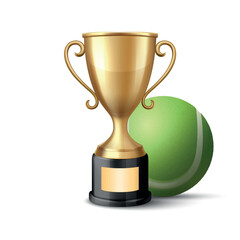 Vector 3d Realistic Golden Trophy Cup Icon with Tennis Ball. Sports Award Illustration for Tennis Tournament, Match Victory, Champion Prize, Sports Event Design, Competition Reward, Winner Concept