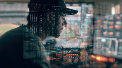 Medium shot highlighting a detailed AI interface displaying pitch sequences and probabilities with a blurred analysts silhouette and multiple baseball data charts in the outoffocus