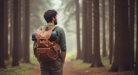 Solo Explorer in Serene Wilderness: A lone adventurer, equipped with a rustic backpack, embarks on a tranquil journey through a misty, ancient forest. Evoking a sense of solitude, exploration.