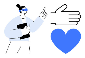 Person in augmented reality glasses holding a tablet and pointing at a hand symbol alongside a blue heart. Ideal for technology, AR, communication, connection, interaction, innovation, simple landing