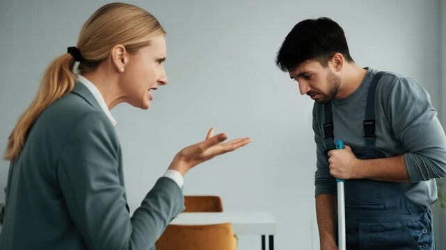 Woman reprimands janitor holding mop in office setting