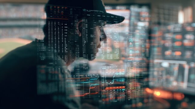 Medium shot highlighting a detailed AI interface displaying pitch sequences and probabilities with a blurred analysts silhouette and multiple baseball data charts in the outoffocus