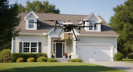 Drone Delivery to Home: A state-of-the-art drone autonomously delivers a package to a modern house, symbolizing the future of fast and efficient delivery. Capturing innovative technology in action.