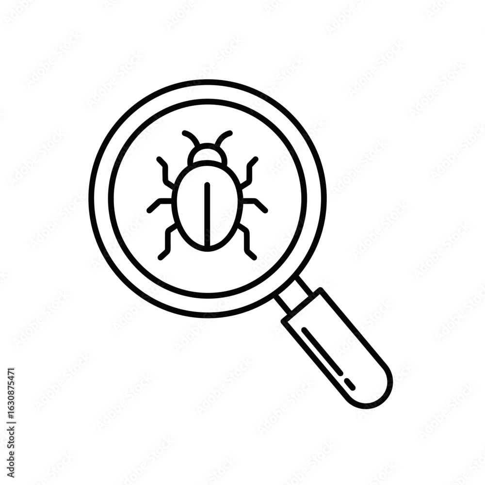 Poster magnifying glass inspecting a bug, symbolizing software testing, debugging, and cybersecurity invest