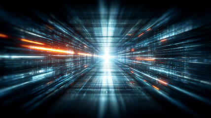 Endless corridor of luminous code converges on a brilliant vanishing point, expressing the boundless journey through cyberspace and relentless pursuit of information.