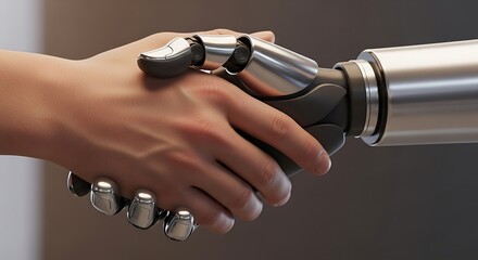 The Merger: Human hand shakes hands with robot, symbolizing a future alliance. 