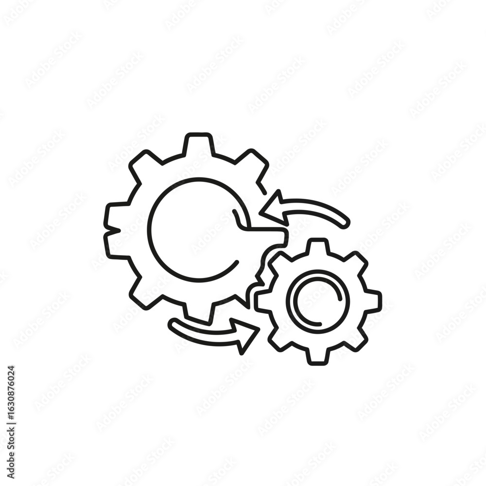 Poster two interlocked gears with circular arrows indicating rotation, representing a process, connection, 