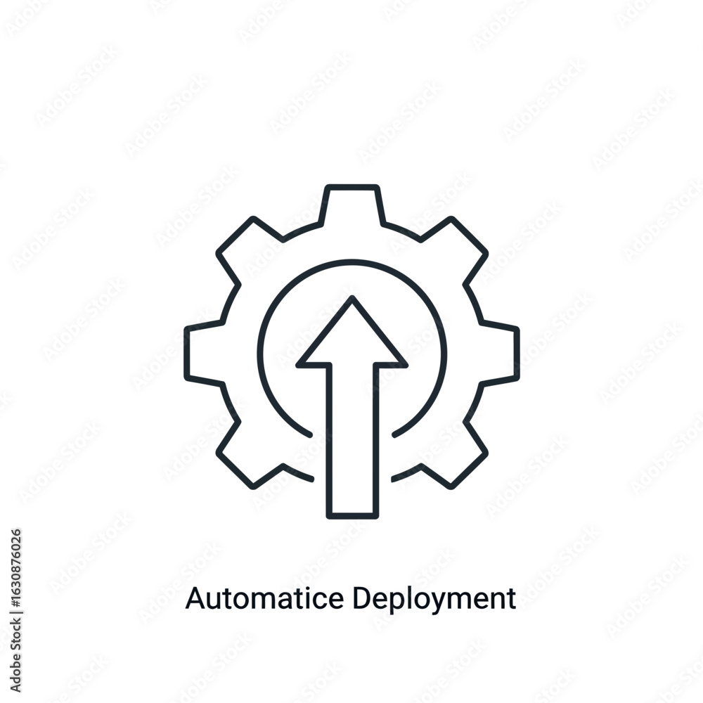 Poster a line art illustration showing an upward-pointing arrow emerging from the center of a gear icon, re