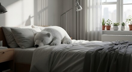 Cozy Comfort: A realistic polar bear plush rests peacefully on a neatly made bed. The serene setting is bathed in soft light filtering through a nearby window, evoking a sense of tranquility. 