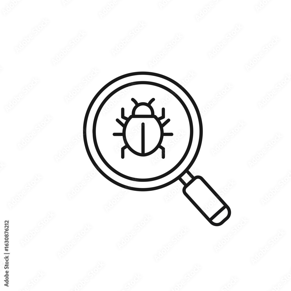 Poster a line art depiction of a magnifying glass focusing on a beetle, symbolizing investigation or bug de