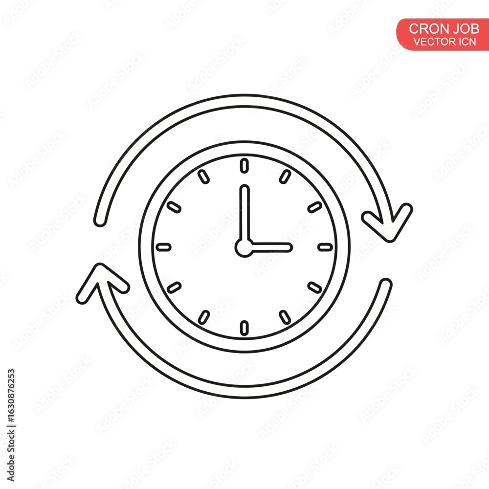 Poster a clock face with hands surrounded by a circular arrow, representing repetition, scheduling, or recu