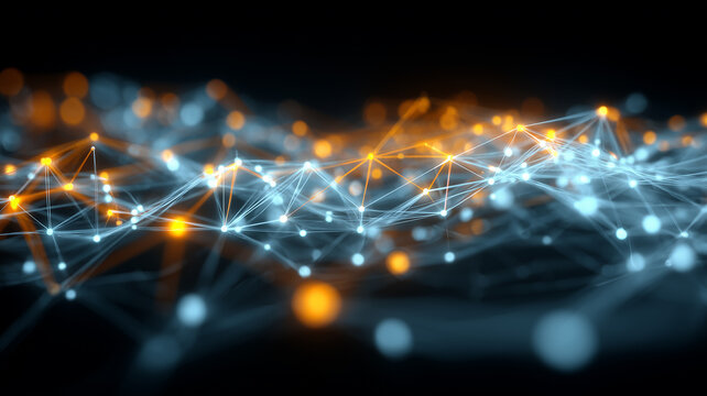 Interwoven blue and orange nodes flow across a dynamic network field, depicting real time data exchange and the connective fabric of digital communication.