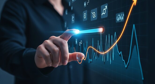 Performance optimization concept. A hand adjusts a holographic slider to "optimize" a process, turning an unstable line graph into a smooth, ascending one.