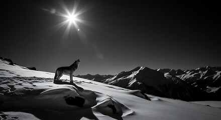 Solitary Wolf Under Sun: A lone wolf stands atop a snow-covered mountain peak, silhouetted against a bright sun, with a majestic landscape. An evocative moment of wilderness.
