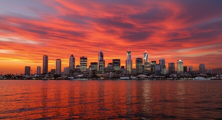 Fototapeta premium Dramatic Sunset Over City Skyline Reflected in Calm Water