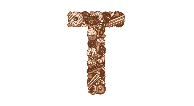 Letters of the alphabet letter t dessert typography design with donuts cakes cupcakes and pastries for bakery and sweet shop logo vector