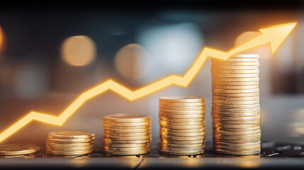 Stacks of golden coins ascend alongside glowing arrow trajectory, highlighting profitable financial growth and the upward momentum of smart investments.