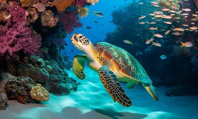 Obraz premium Green sea turtle swimming through colorful coral reef with school of fish underwater
