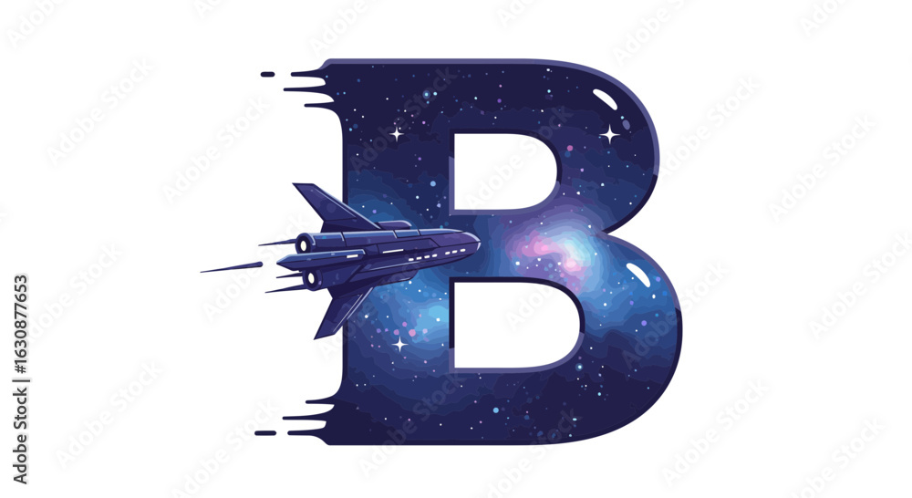 Poster letters of the alphabet letter b in galaxy theme with spaceship illustration vector space exploratio