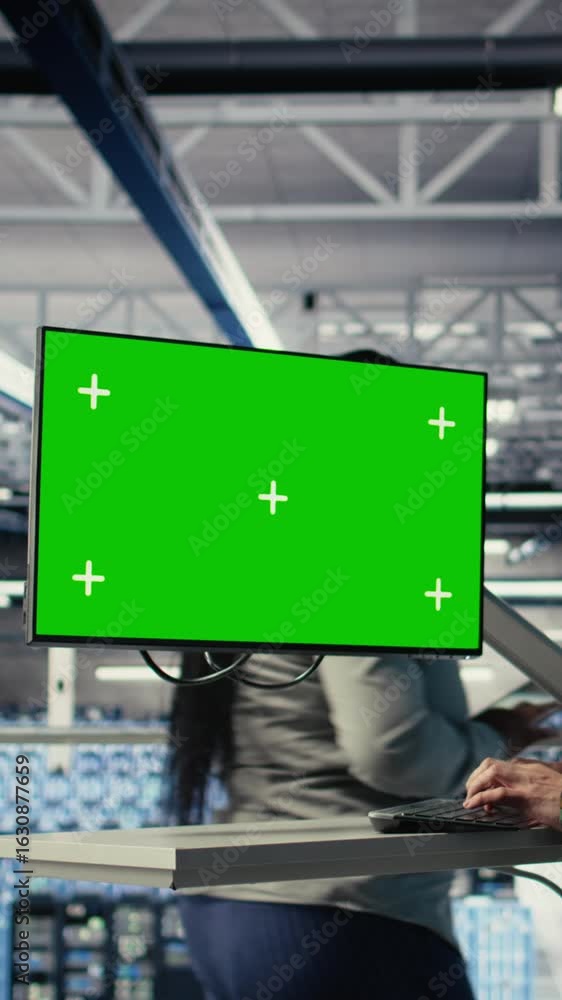 Poster vertical video military data center professional using software on green screen mockup pc to detect 