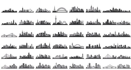 Obraz premium Cityscape Silhouettes: A Collection of Urban Skyline Illustrations in Black and White