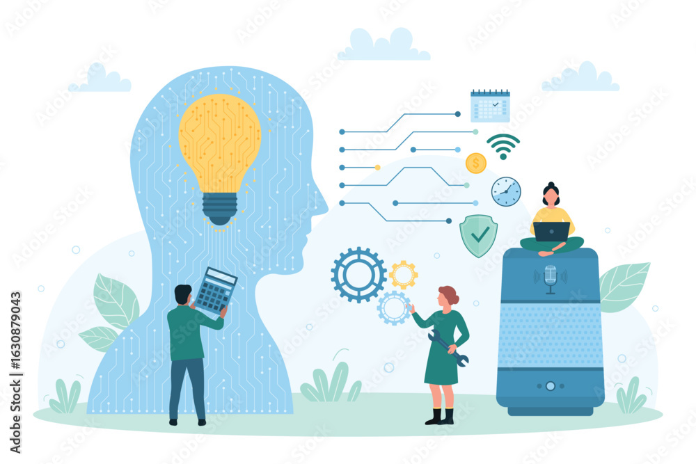 Aufkleber internet of things, ai technology and software vector illustration. cartoon tiny people using speake
