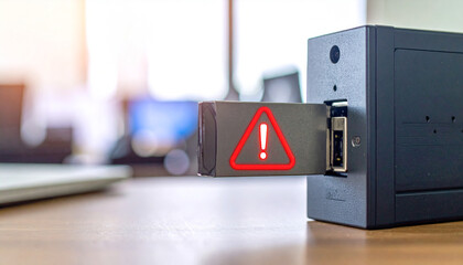 Data Storage Alert: A data storage device with an error indicator, set in a modern office environment, indicating potential issues of data storage.