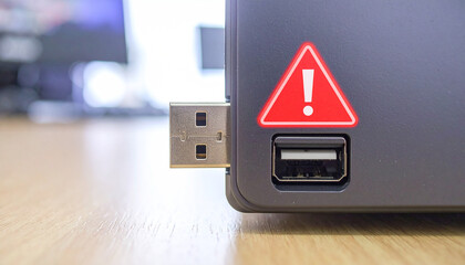 USB Connection Alert: Close-up shot captures a USB port with a connected USB drive, overlaid with a red alert symbol, highlighting potential data or hardware concerns.