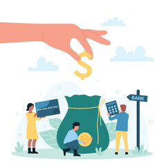 Payment, financial investment and bank deposit vector illustration. Cartoon hand throwing dollar into bag wallet to pay and invest money, tiny people calculate budget with calculator and credit card
