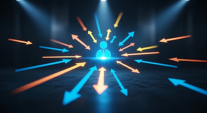 360-degree feedback concept. A person icon at the center of a hologram receives feedback arrows from all directions (peers, managers, subordinates).