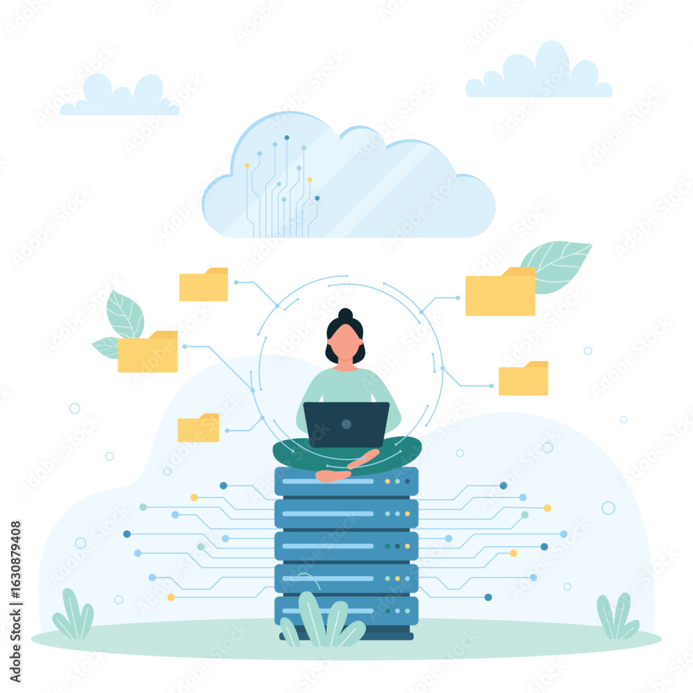Poster cloud service for data storage, network technology vector illustration. cartoon tiny woman sitting o
