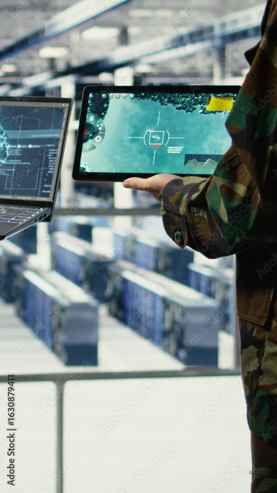 Poster vertical video close up of army general and coworker in data center integrating ai into radar system