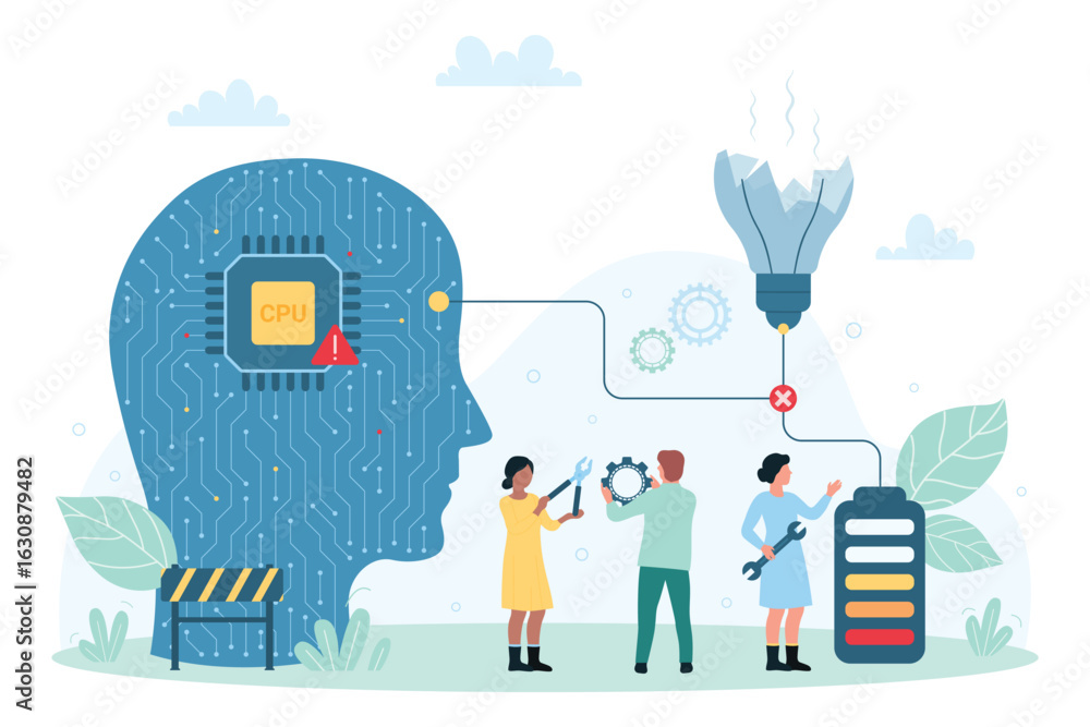 Poster cpu error, failure of hardware component vector illustration. cartoon tiny people connect battery wi