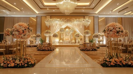 Luxurious wedding reception venue decorated with elegant floral arrangements and a grand stage for the ceremony