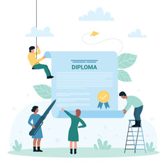 Success graduation of college, school or university diploma vector illustration. Cartoon tiny people holding pen and certificate of end of education with stamp, quality certification of professionals