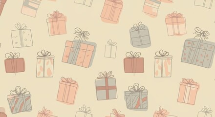 Colorful gift boxes pattern illustration with soft pastel tones and whimsical designs for backgrounds
