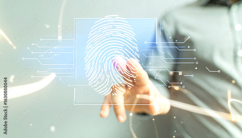 Poster digital fingerprint identification: a close-up captures a person's finger interacting with a digital