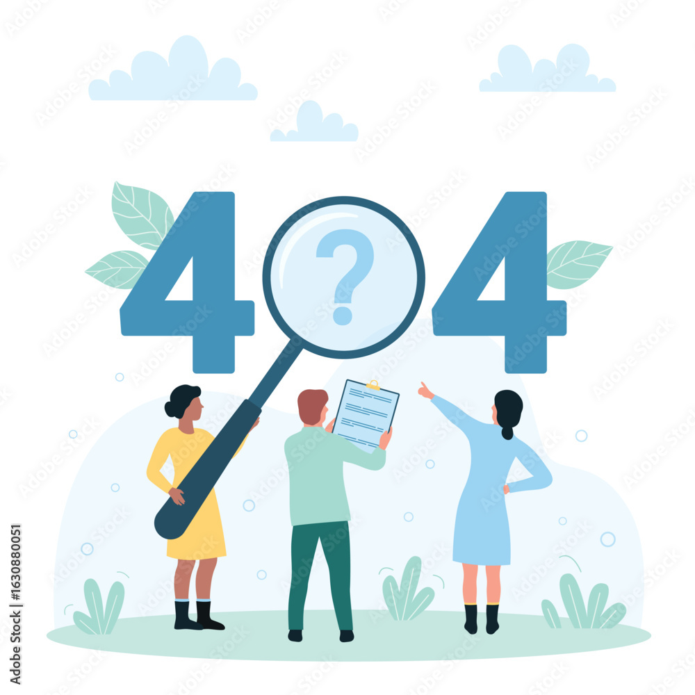 Poster 404 error, disconnected status vector illustration. cartoon tiny people of technical support team lo