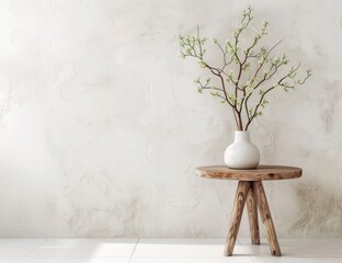 A textured off-white wall and a wooden table with a vase holding a flowering branch