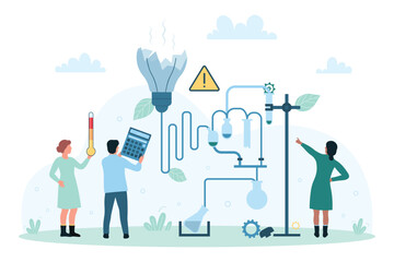 Failed laboratory experiment and science research, bad idea vector illustration. Cartoon tiny scientists break light bulb of scientific lab equipment, broken lamp, mistake and failure of chemists