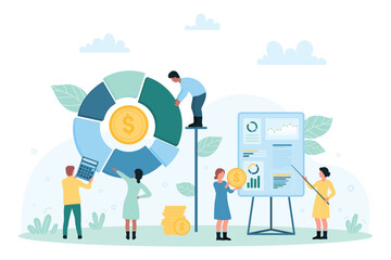 Business analytics, presentation of financial statistics vector illustration. Cartoon tiny people analyze pie chart and donut diagram on report board, analysts holding money coin and calculator