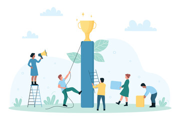 Business challenge, success progress in career vector illustration. Cartoon tiny people climb column with golden cup of champion at top, opportunity and ambition growth for team of office employees