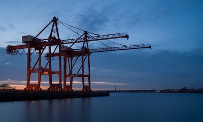 Fototapeta premium Large industrial shipping cranes on dock at dusk over calm water with sky