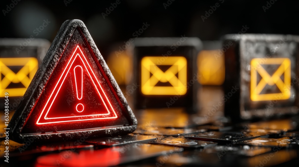 Poster abstract 3d rendering of a vibrant red warning triangle symbol with bright, glowing internal light s