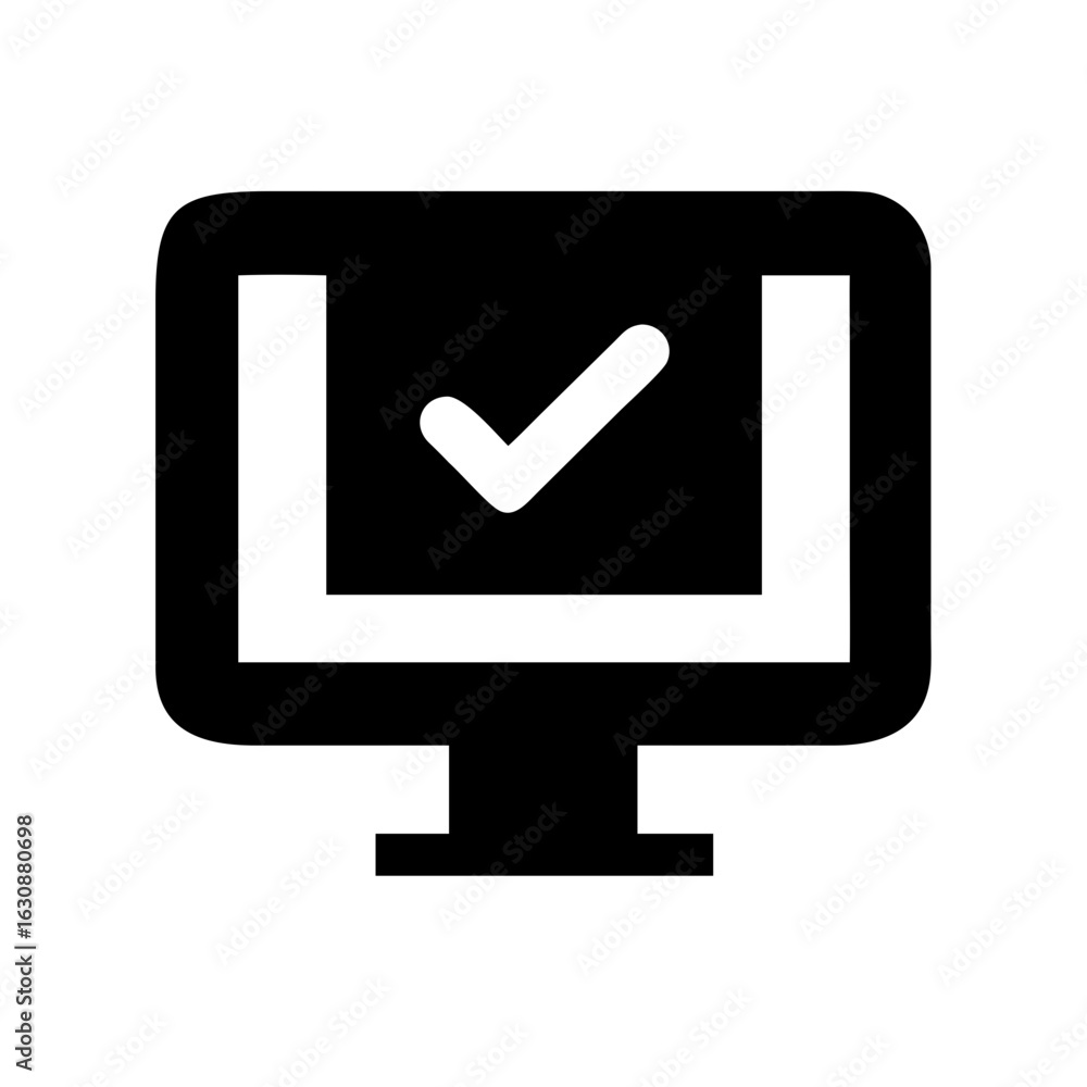 Poster computer screen with check mark icon symbol for completed task or approved online application succes