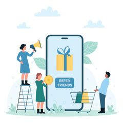 Referral program for customers, advertisement vector illustration. Cartoon tiny people refer, tag and invite friends to follow in social media, share gift rewards and bonus on screen of mobile phone